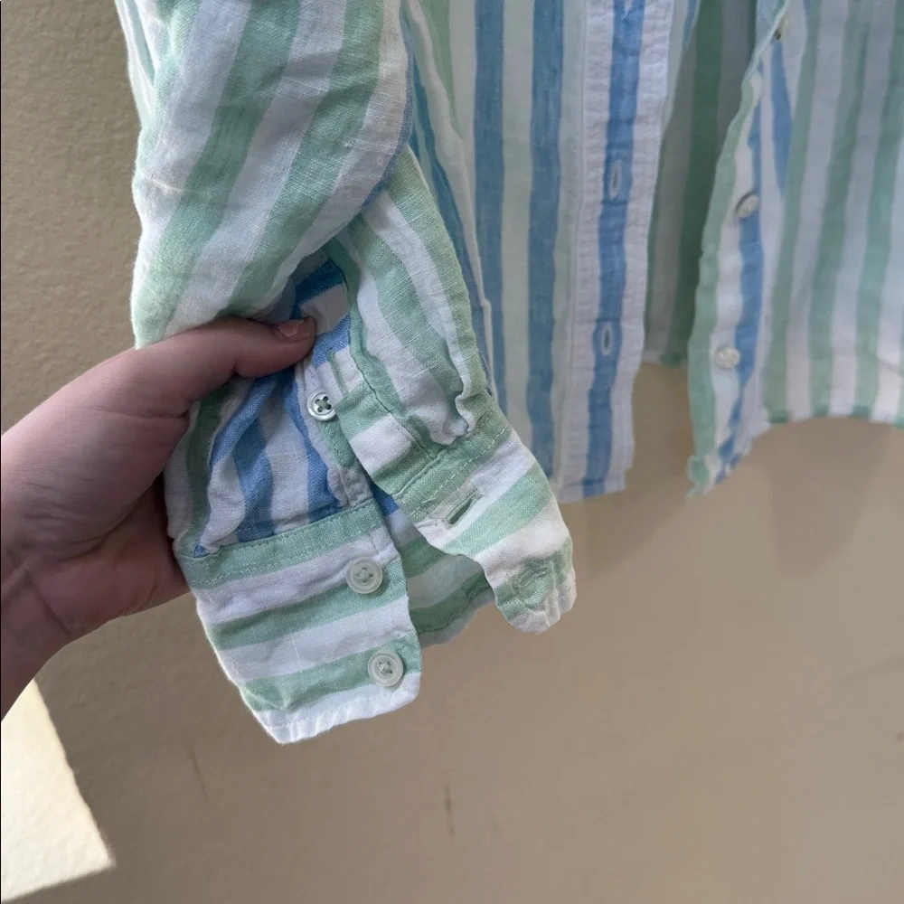 Talbots Linen Matching Set Striped Button Front Shirt & Shorts Blue Green linen